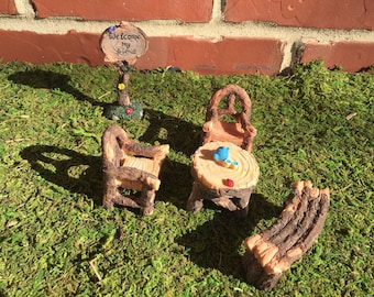 Fairy garden table & chairs Woodland faux wood, mini table, miniature garden supplies, fairy accessories