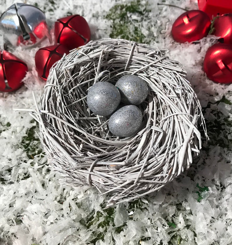 Glittered Eggs in a White Glitter 3 Bird Nest Ornament Etsy
