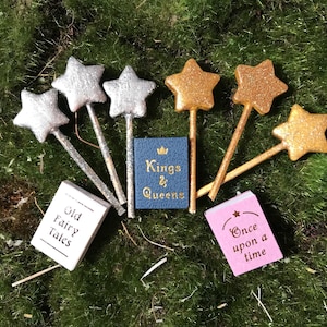 May include: Five miniature star-shaped wands with glitter, three silver and two gold, arranged around three miniature books. The books are titled "Old Fairy Tales", "Kings & Queens", and "Once upon a time".