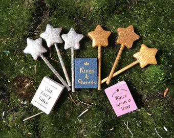 Miniature wand, miniature fairy tale books, Fairy Tale Garden miniatures, miniature book & wand, fairy garden accessories, fantasy garden