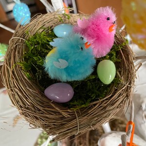 May include: A brown woven bird's nest with two fuzzy chicks, one pink and one blue, and several pastel colored Easter eggs.