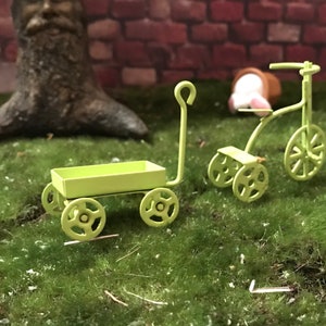 Fairy garden accessories tricycle green trike mini green wagon terrarium garden gnome garden fairy garden miniature green tricycle and wagon