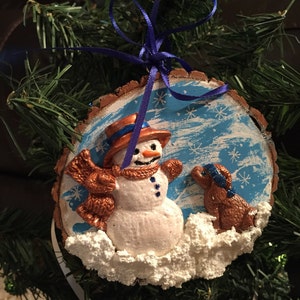 Personalized Slice ornament handpainted snowman and dog rustic, wood, polymer clay with glitter accent. Great for boy gift idea!