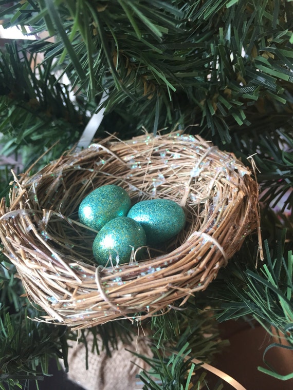 Teal Eggs in a Glitter 3 Bird Nest Ornament. Find a Bird Nest in