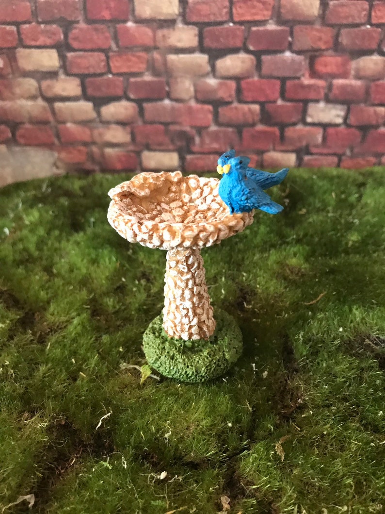 K&ouml;nnte beinhalten: Ein Miniatur-Vogelbad mit einer wei&szlig;en und braunen gesprenkelten Oberfl&auml;che. Zwei blaue V&ouml;gel sitzen auf dem Rand des Bades. Das Vogelbad steht auf einem Bett aus gr&uuml;nem Moos.