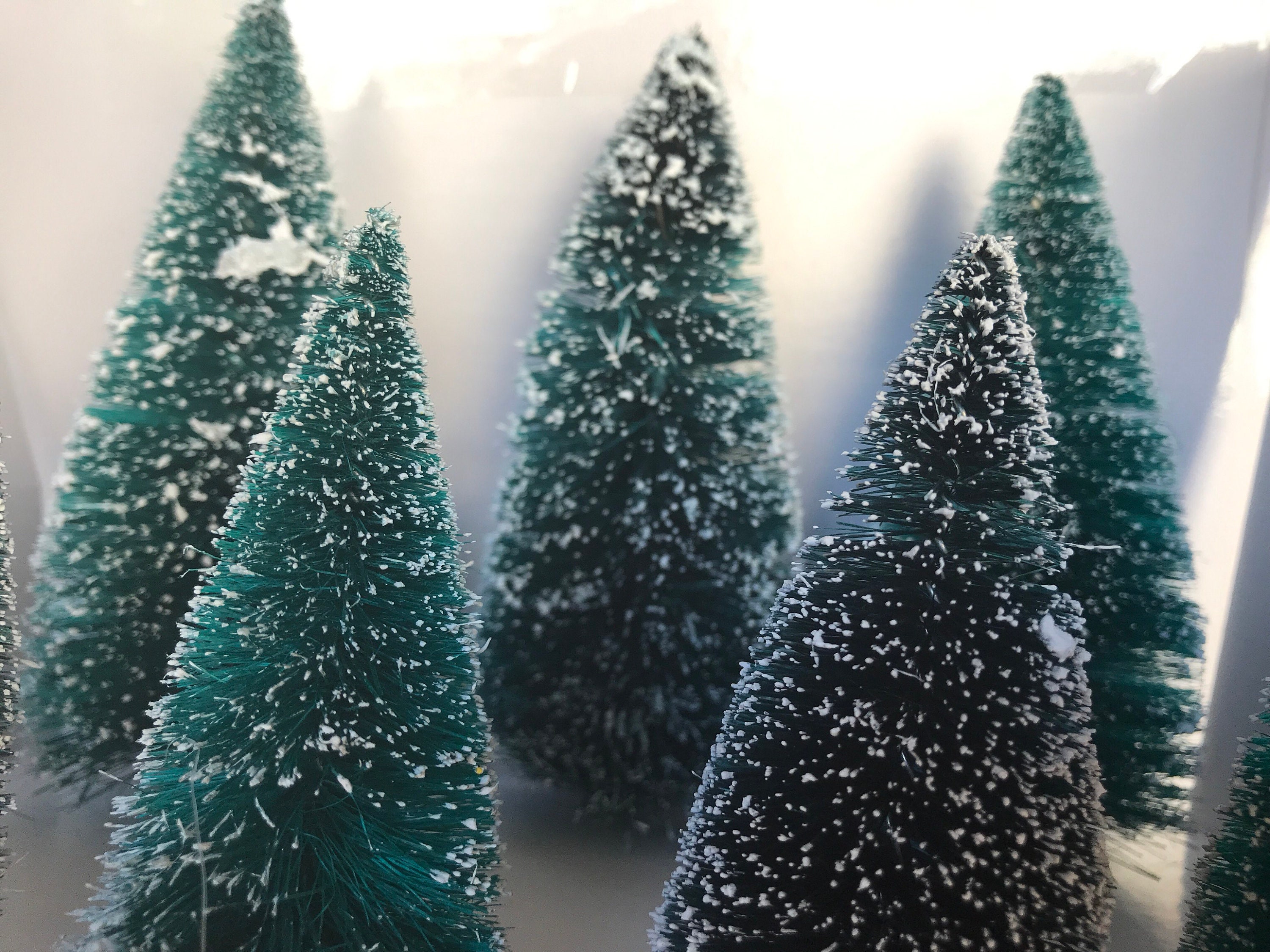 Set of 7 Brush Trees for Christmas Crafts. Two Sizes of Green Miniature