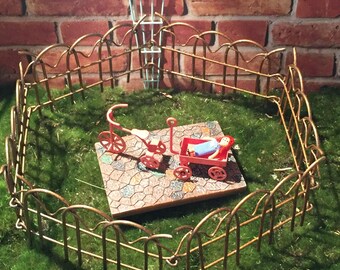 Fairy garden accessories tricycle coral trike mini fence miniature coral wagon terrarium, gnome garden mini garden copper mini garden fence