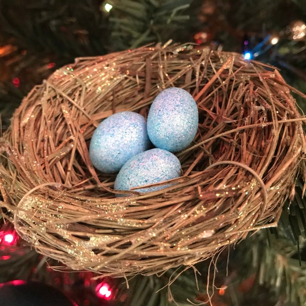 Glitter blue eggs in a glitter bird nest 3" ornament find a bird nest in your Christmas tree, you will have  good luck throughout the year.