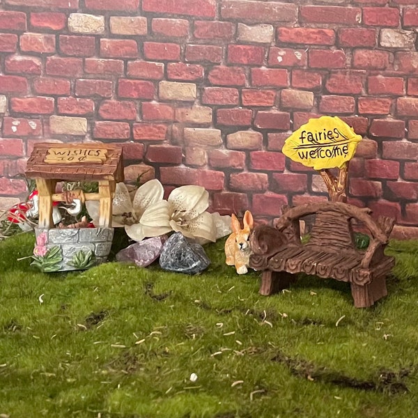 Fairy garden starter kit includes Bench fairy sign bunny rabbits and wishing well