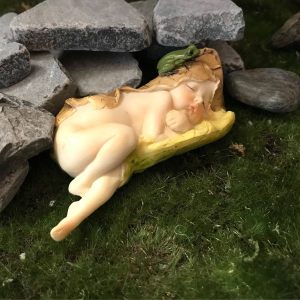 Sweet sleeping baby fairy with frog, miniature baby fairy garden figurine miniature frog, fairy garden frog, little frog figurines