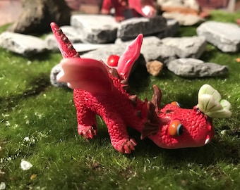 Adorable red dragon with butterfly on his snout, enchanted dragon, enchanted garden supply, fairy garden supplies, miniature dragon