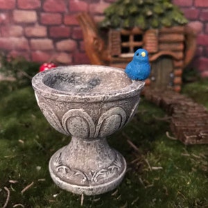 Fairy garden accessories birdbath with blue bird and holds water miniature grey stone birdbath terrarium birdbath mini garden accessories