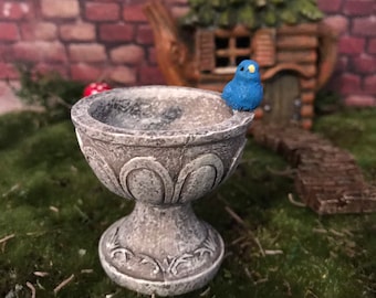 Fairy garden accessories birdbath with blue bird and holds water miniature grey stone birdbath terrarium birdbath mini garden accessories