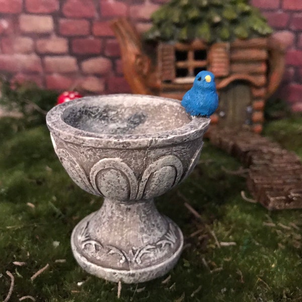 Fairy garden accessories birdbath with blue bird and holds water miniature grey stone birdbath terrarium birdbath mini garden accessories