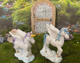 Beautiful white unicorn fairy gold and lavender and blue accents sparkling unicorn fairy garden supplies fairy enchanted garden
