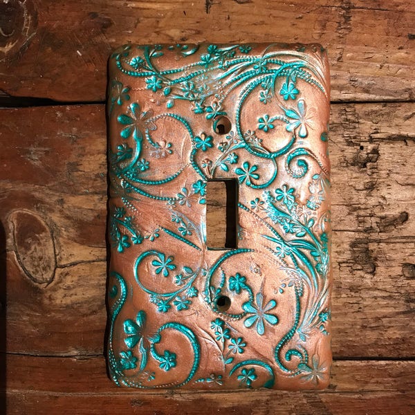 Rose Gold teal light switch plate swirls & flowers with shimmer Several sizes toggle cover outlet plate specialize in large custom orders