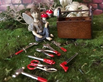 Miniature tool box with tools.  Mini tools set of 8 for dollhouse or miniature outdoor garden. Scrapbook embellishments