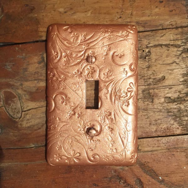Rose Gold light switch plate swirls and flowers with shimmers Single toggle cover outlet plate Rocker plate I specialize in custom orders