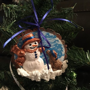 Personalized Slice ornament handpainted snowman and dog rustic, wood, polymer clay with glitter accent. Great for boy gift idea!