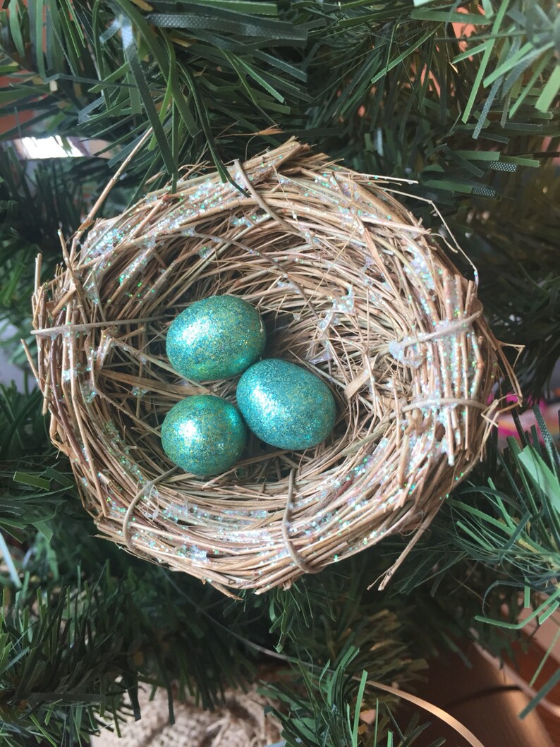 Teal eggs in a glitter 3 bird nest ornament. find a bird Etsy