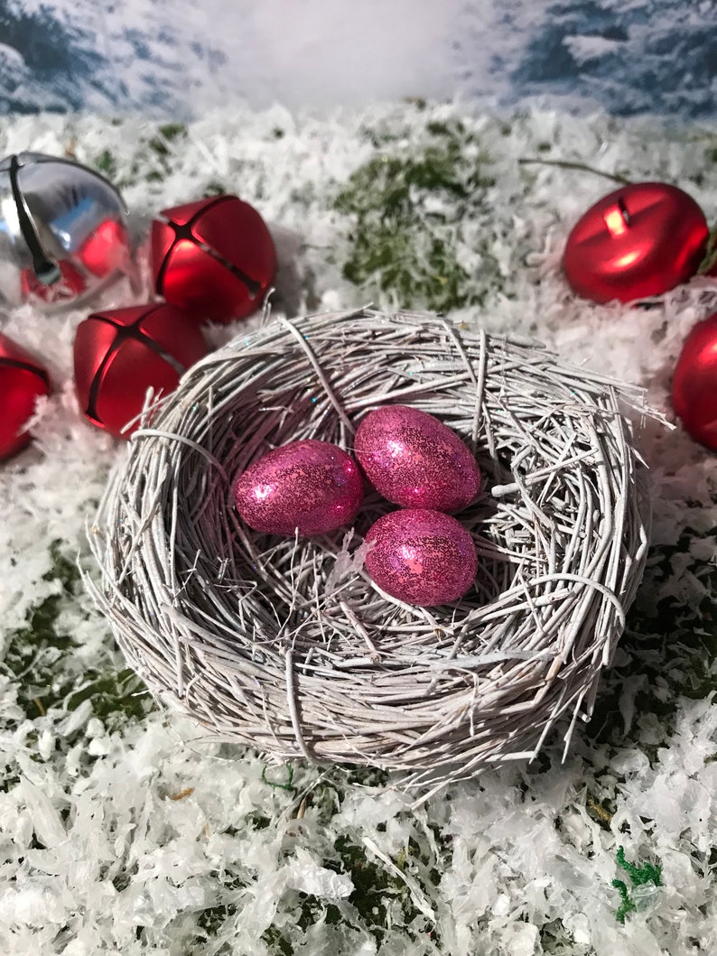 Glittered Eggs in a White Glitter 3 Bird Nest Ornament Etsy