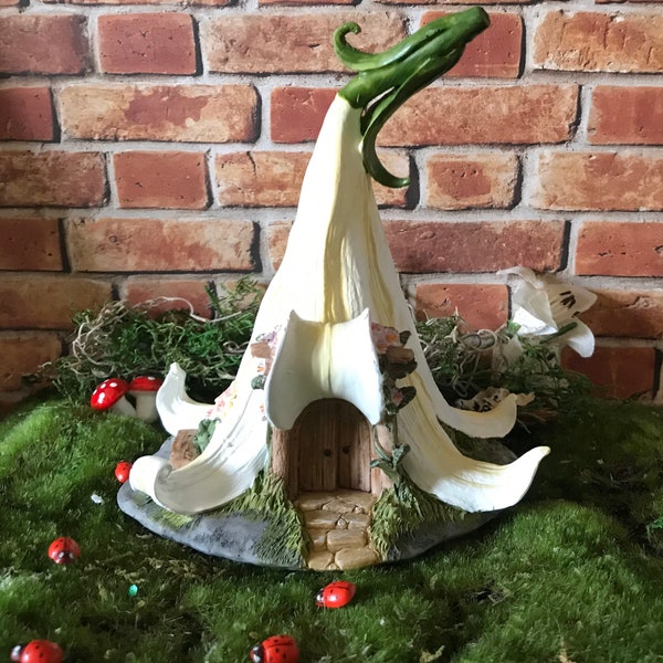 Fairy garden house White Lily fairy house fairy garden flower house steps arched double door ADORABLE!