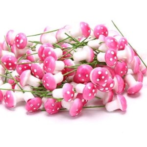 Può includere: Un grande mucchio di decorazioni di funghi in miniatura rosa e bianche con pois bianchi. I funghi sono su fili verdi sottili.