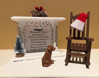 Christmas in Heaven, empty chair, loved one in heaven, fireplace with Christmas tree, deceased loved ones pet dog cat