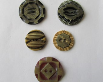 Sewing 19 Fancy Green Buttons 2 hole Funky Accent Carved Assorted Round Pine Green Large Vintage Celluloid type Destash Olive Green