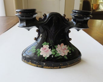 Antique Black Amethyst Candleholder Glass Double Candle Holder Vintage Flowers Painted Shabby