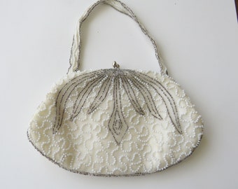 Antique Beaded Evening Bag Belgium White Purse Beading  Handstrap Vintage