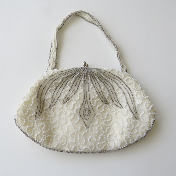 Antique Beaded Evening Bag Belgium White Purse Beading  Handstrap Vintage