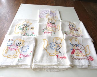 Vintage Days of the Week Tea Towel Set Cat ? Squirrel ? 7 Embroidered Dish Towels
