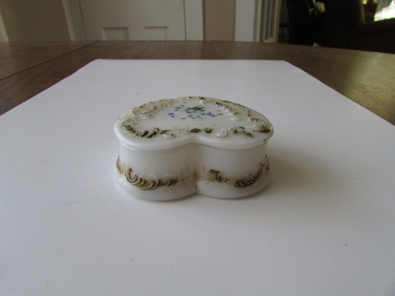 Vintage Heart Jewelry Box Old Antique Milk Glass Hand Painted Trinket