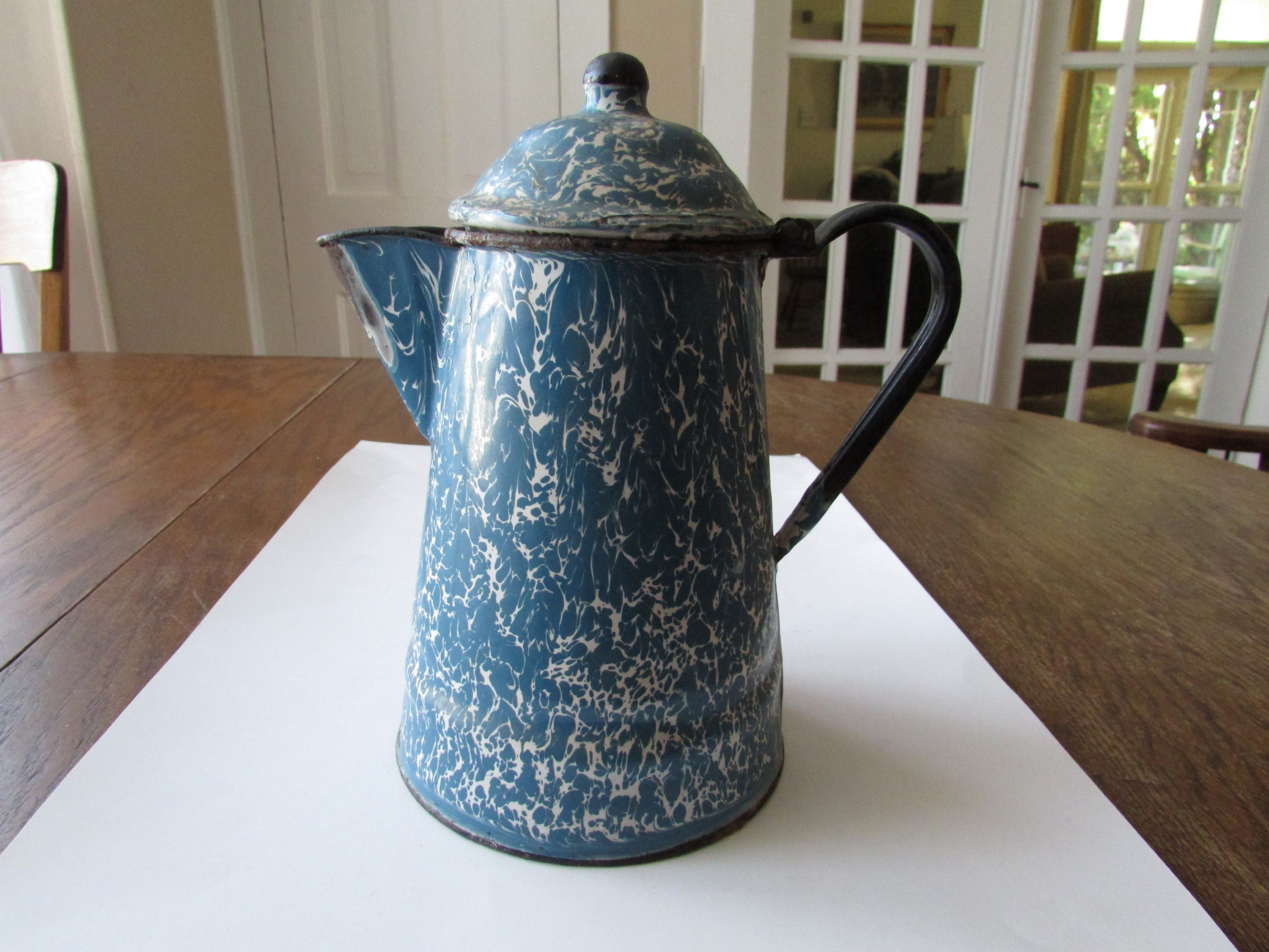 Vintage Blue Granite Ware Coffee Pot Antique Primitive Etsy