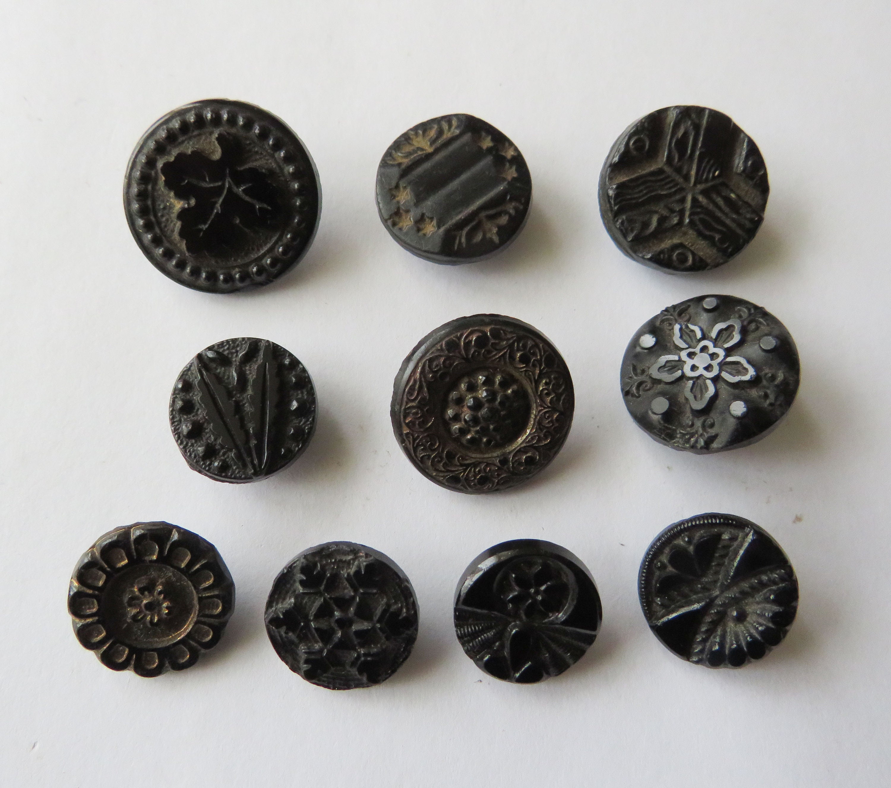 Antique French Victorian Jet Glass Tiny Buttons,Set of 10 Doll