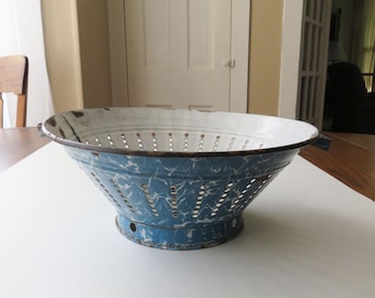 Antique Blue Swirl Graniteware Colander Handles Vintage Enamelware Granite Ware Country Kitchen Decor