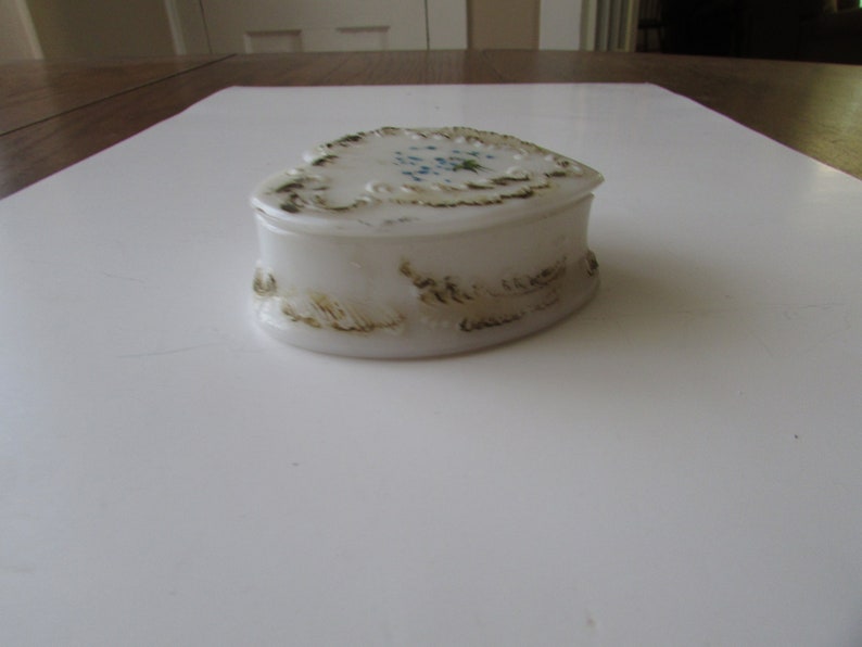 Vintage Heart Jewelry Box Old Antique Milk Glass Hand Painted Trinket