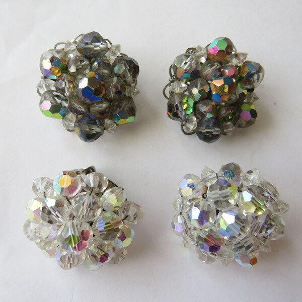 2 Pair Antique Crystal Cluster Clip On Earrings Aurora Borealis AB Vintage Wedding Bride Bridal