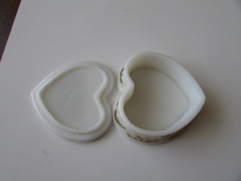 Vintage Heart Jewelry Box Old Antique Milk Glass Hand Painted Trinket