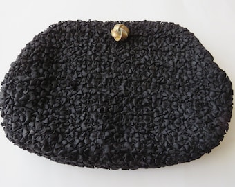 Vintage Black Evening Bag Purse Lewis Chain Handle Curled Ribbon Fabric