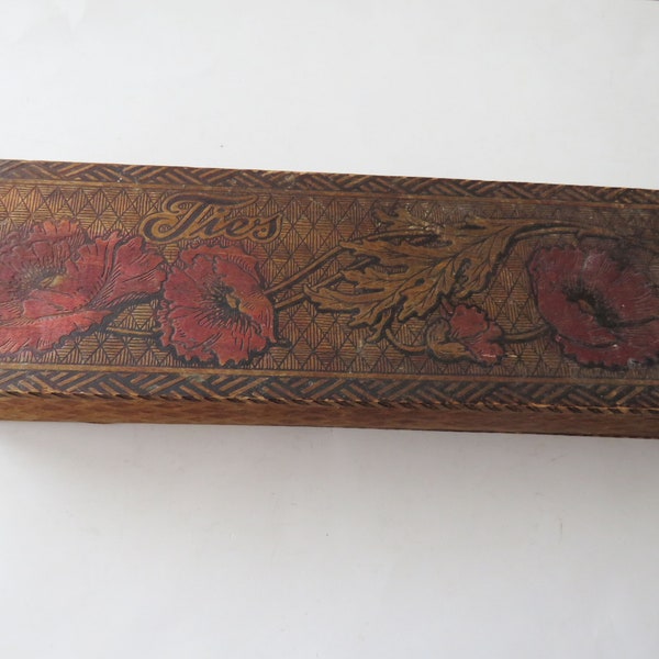Antique Pyrography Long Dresser Box Pyro Vintage Floral Flowers Ties