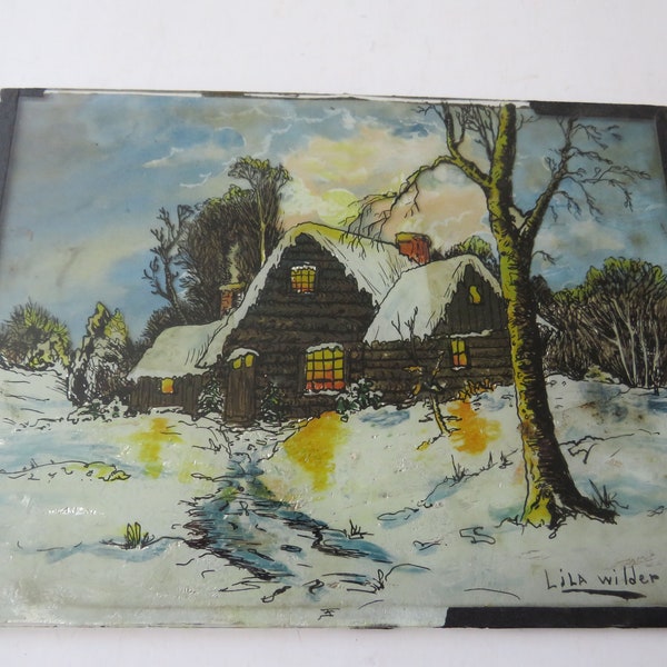 Antique Cabin in Winter Painting Picture Lila Wilder Vintage Glass