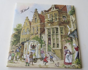 Vintage Holland Hand Painted Tile Trivet Dutch Signed Street Scene