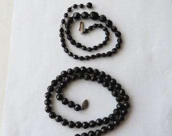 2 Antique Black Glass Bead Choker Necklace Vintage Faceted