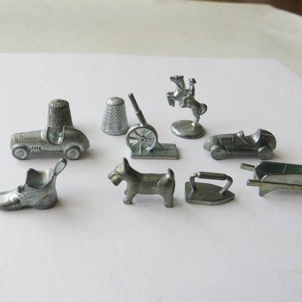 Lot 10 Antique Game Tokens Monopoly Piece Vintage  Repurpose Crafting  Shoe  Car Dog Cannon Horse Iron Wheelbarrow Thimble Junk