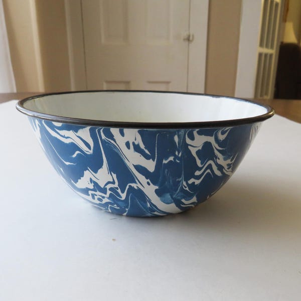 Antique Blue Swirl Enamel Ware Bowl Graniteware Small Vintage Enamelware Granite Ware Country Kitchen Decor