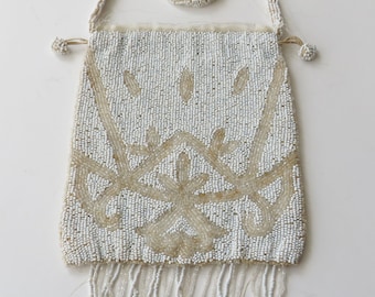 Antique Beaded Evening Bag Belgium White Purse Beading Vintage