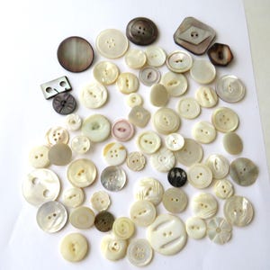 May include: A collection of vintage buttons in various shapes and sizes, including round, square, and floral designs. The buttons are primarily off-white, cream, and brown, with some iridescent and textured surfaces. They are scattered on a white background.
