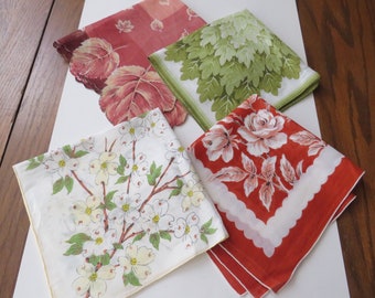 Antique Lot 4 Handkerchief Hankie Floral Flower Leaves Print Cotton Vintage Lovely